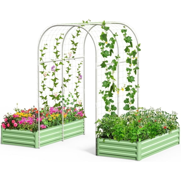 Slsy Galvanized Raised Garden Bed with 85in Tall Garden Trellis for Vegetables Flowers Herbs, Tall Metal Plant Support Trellis Archway for Climbing Vine Vegetable/Fruit/Flower