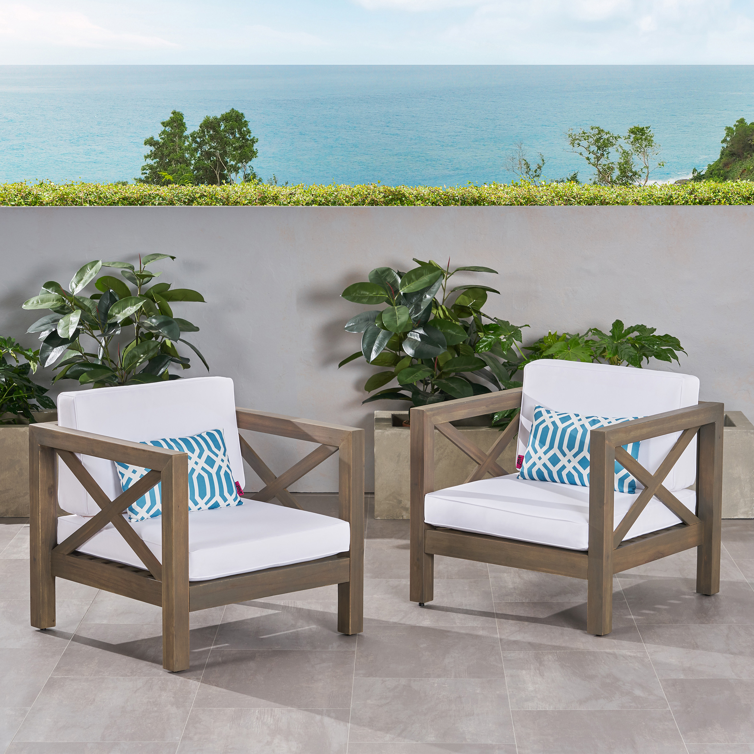 Indira Outdoor Acacia Wood Club Chairs with Cushions (Set of 2), Gray