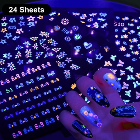 EEEkit 24 Sheets Self-Adhesive Luminous Nail Art Stickers, Fluorescence Mixed Butterfly Flower Fruits Decals for Women