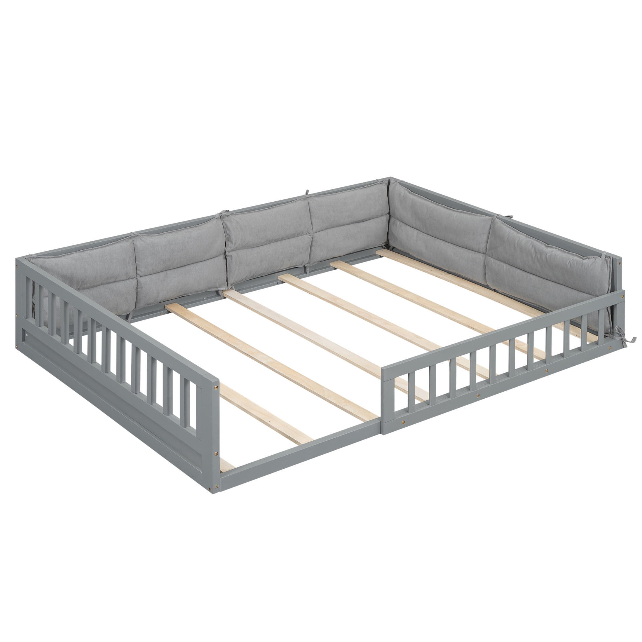 Noble House Myrrh Full Size Upholstered Platform Bed with Guardrails and Plush Pillows, Pine Wood Frame, Gray