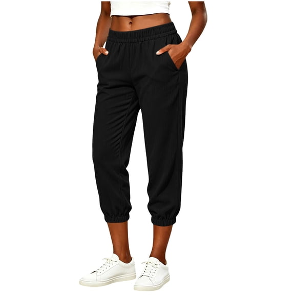 Lmueinov 2026 Women's 100% Corduroy Elastic Waist Cropped Jogger Pants, Side Pockets Loose Fit Soft Casual Capri Lounge Walking Trousers S-2XL