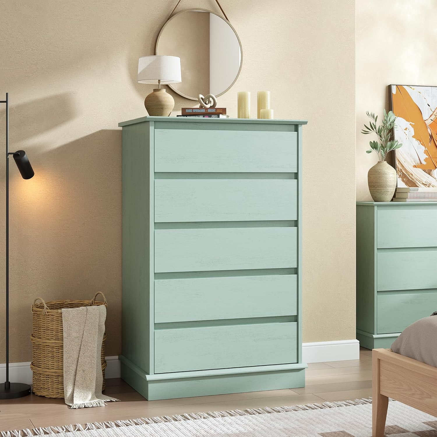 5 Drawer Dressers for Bedroom, Chest of Drawers with Deep Drawers, Large Double Dresser for Closet with Wide Top, Tall Wooden Dresser for Living Room, Hallway, Kids Room, Green