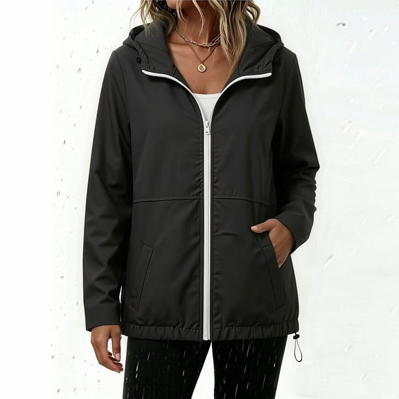 Sevevn Women Lightweight Hooded Rain Jacket Casual Zip Up Windbreaker Waterproof Outdoor Coat Long Sleeve Drawstring Jacket with Pockets for Travel Hiking Daily Wear Black M