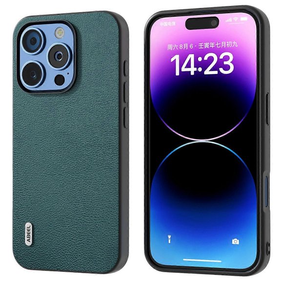 ABEEL For iPhone 16 Pro Max Case Genuine Cow Leather Coated PC+TPU Phone Cover - Midnight Green