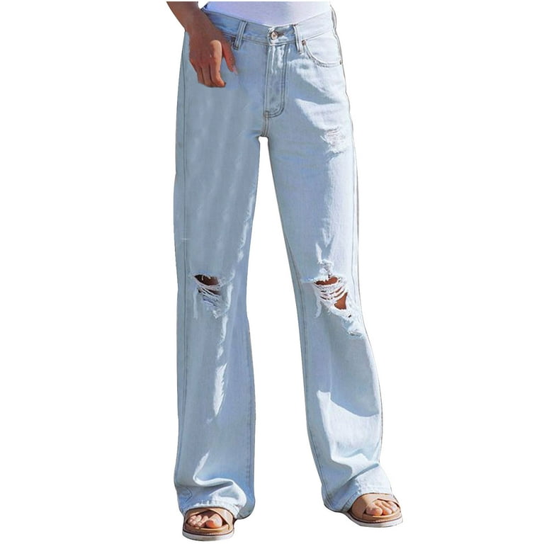 vbnergoie Women High Waist Loose Pocket Blue Solid Color Print Jeans Pants  Pant Stretchers for Jeans for Women Juniors Straight Leg Jeans