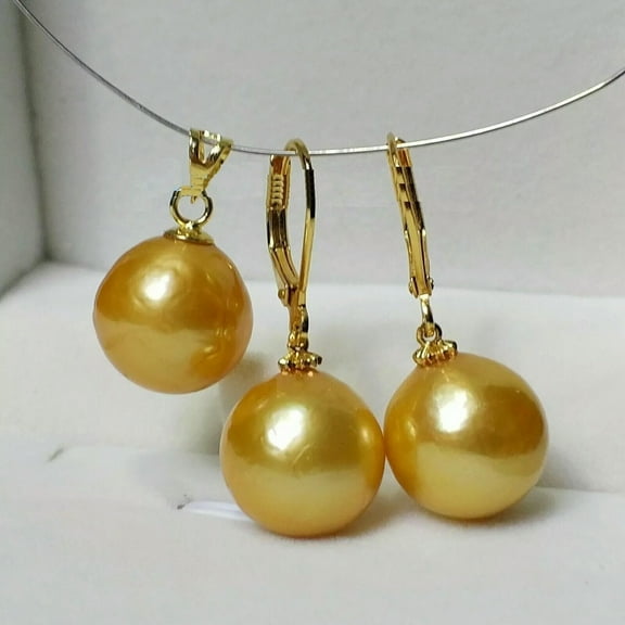 EOEMY Huge Aaa 10-11mm Natural South Sea Golden Pearl Earrings Pendant 14K Gold