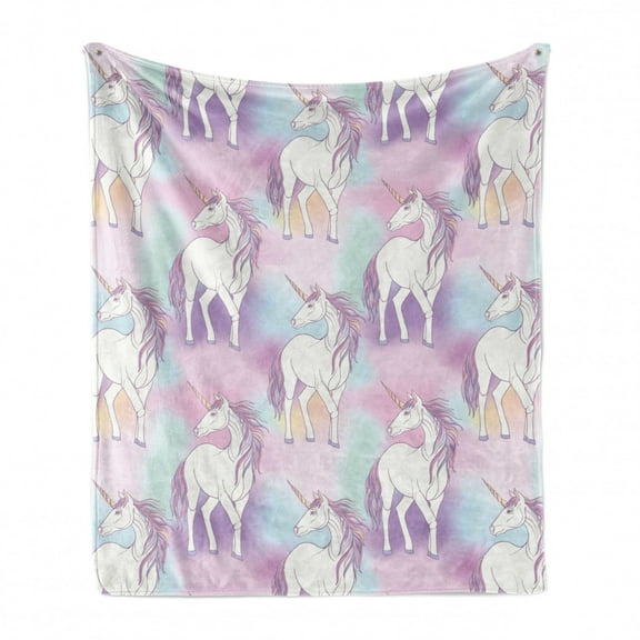 Pastel Soft Flannel Fleece Throw Blanket, Childish Theme Colorful Concept Along Fairy Unicorns Images in Cartoon Style, Cozy Plush for Indoor and Outdoor Use, 60" x 80", Multicolor, by Ambesonne