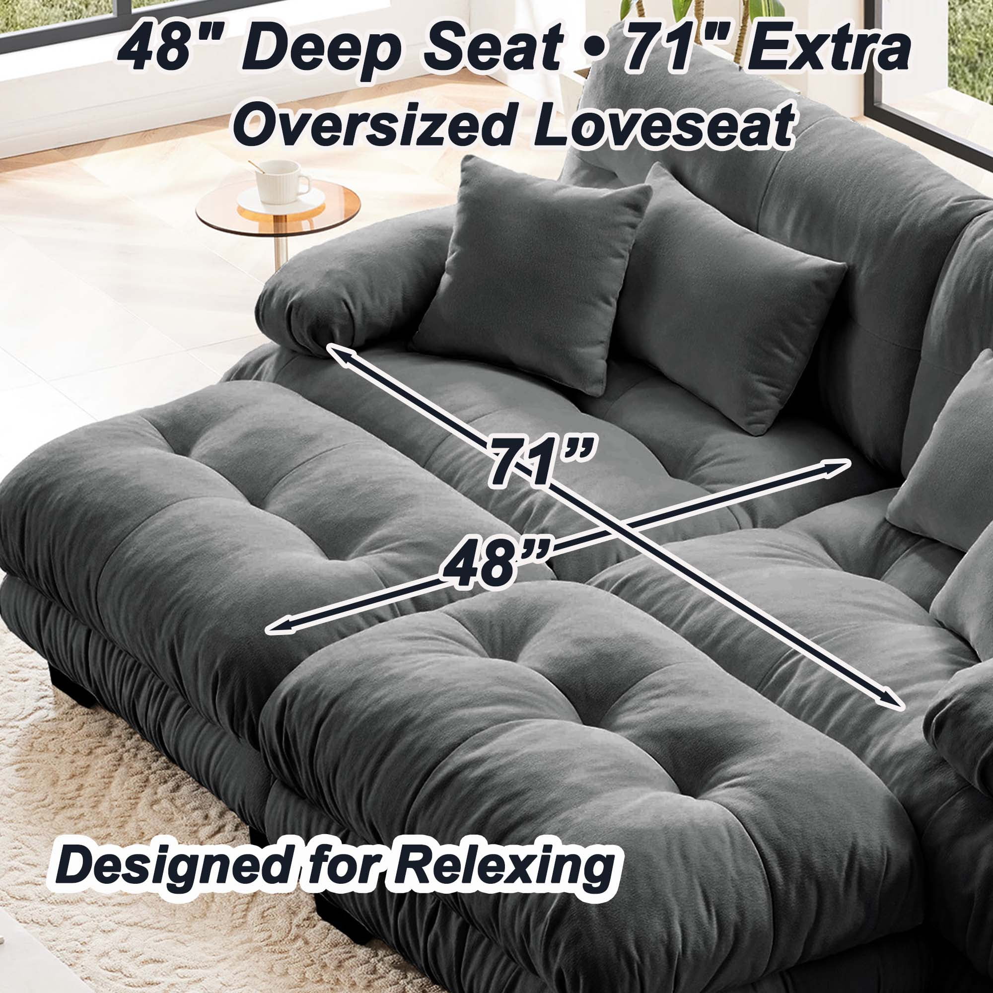94.4" Cloud Chenille Loveseat Sofa with 2 Moveable Ottomans, Oversized Deep Seat Couch Set for Living Room,Gray