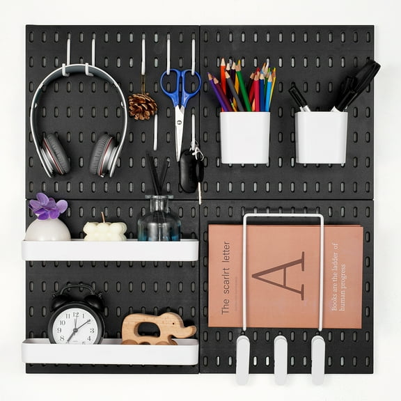 VEVOR Pegboard Combination Kit, 11" x 11" Plastic Pegboard, 4 Panels, Peg Board Wall Organizer Kit with Accessories, for Garage Tool Storage Kitchen Living Room Craft Room Office Bathroom Home, Black