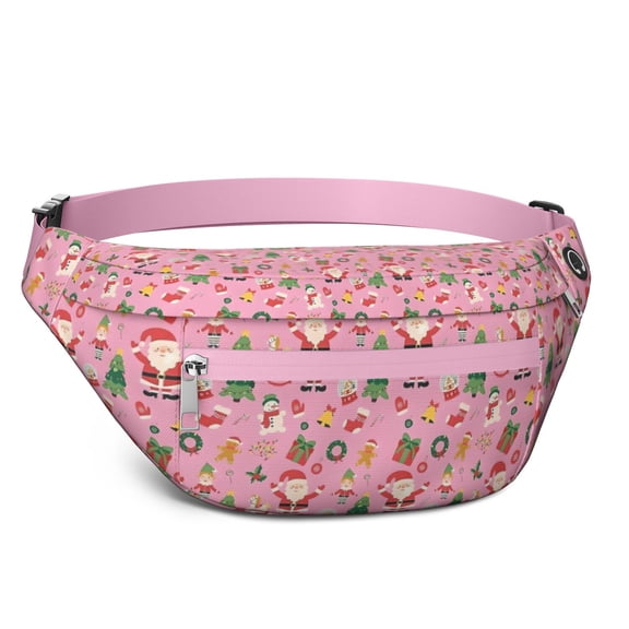 Fanny Pack Pink Christmas Santa and Tree Pattern Waist Pack Bag,Running Cross Bag,Waterproof Large Fanny Packs for Women Men for Travel Running Hiking Cycling
