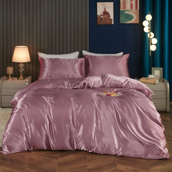 Move Over Mauve Duvet Cover Set Twin Silk like Satin Bedding Sets Solid Color Pattern Silky Microfiber No Filling
