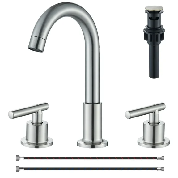 Zovajonia   Wide-Spread Brushed Nickel Vantity Bathroom Sink Faucet 3 Holes Basin Tap Drain