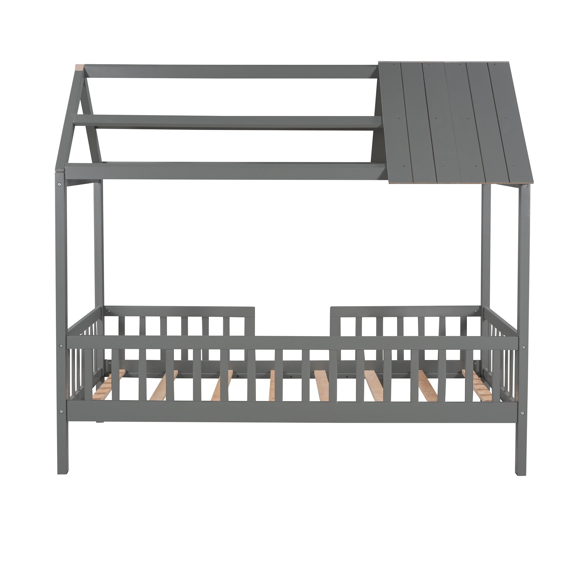 Aukfa Twin House Bed with Fence and Roof, Wood Montessori Bed for Kids, Teens - Gray