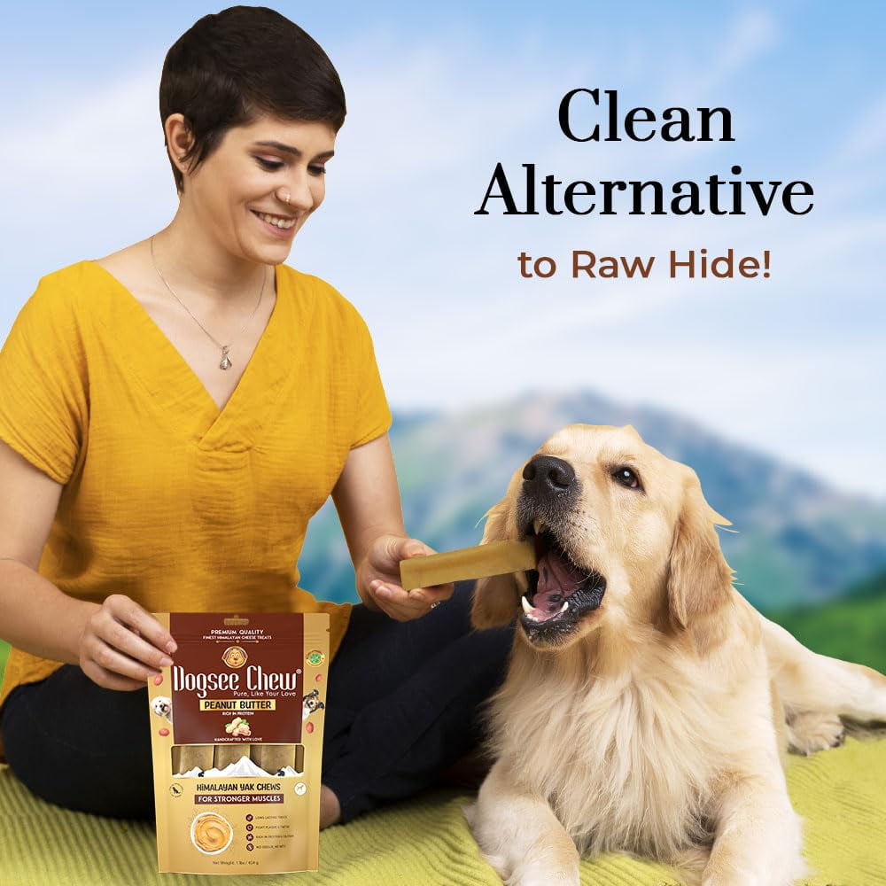 Dogsee Himalayan Yak Cheese Chews with Peanut Butter 1lb (Large - 4 Chews) | Support Muscle Growth in Dogs | Fight Plaque & Tartar | Long Lasting Dental Dog Chews