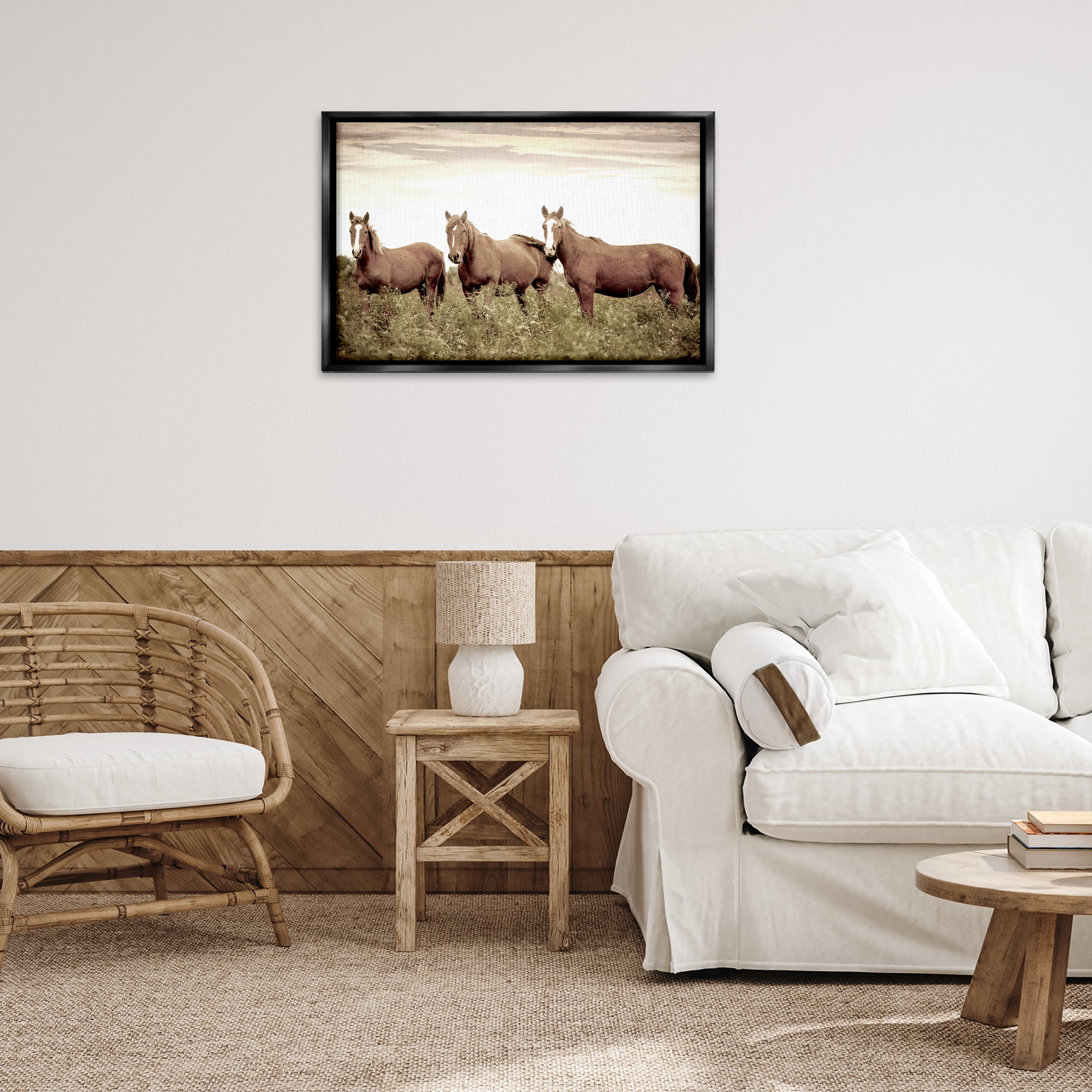 Stupell Industries Horse Trio Gaze Animals Painting Black Floater Framed Canvas Art Print Wall Art, 31 x 21