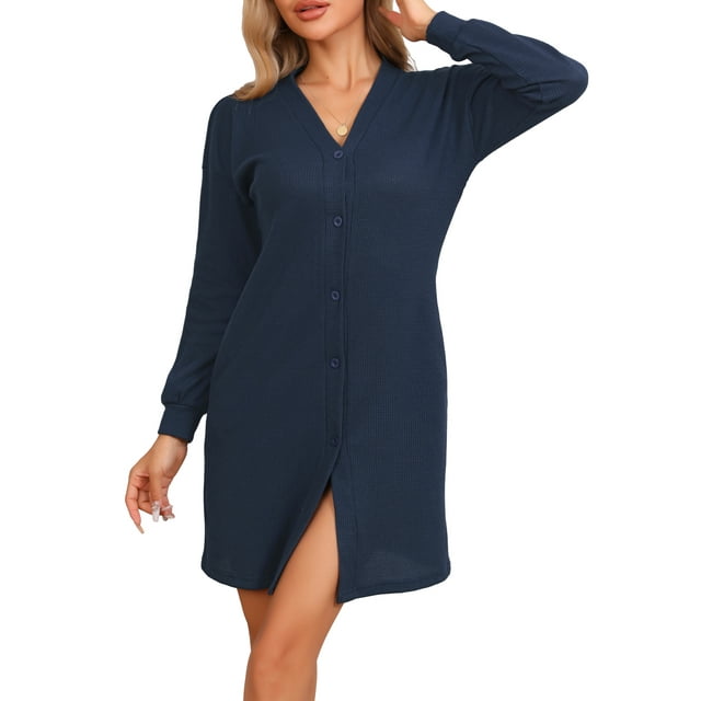 INSPIRE CHIC Camisón de punto waffle para mujer, camisa de dormir de manga larga con botones y bolsillos, vestido de noche L azul