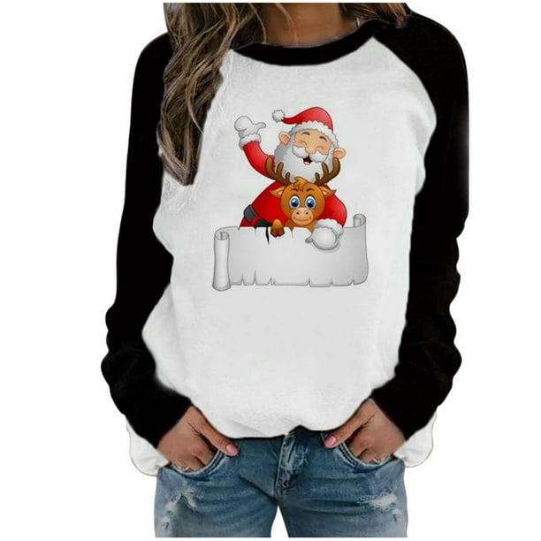 zanvin Merry Christmas Shirt for Women Long Sleeve Xmas Shirts Cute Santa  Print Crewneck Holiday Pullover Tops,Black,M 
