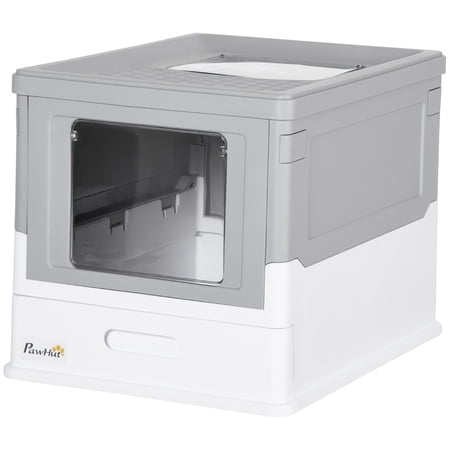 Fully Enclosed Cat Litter Box with Front Entry and Top Exit Plastic Gray & White