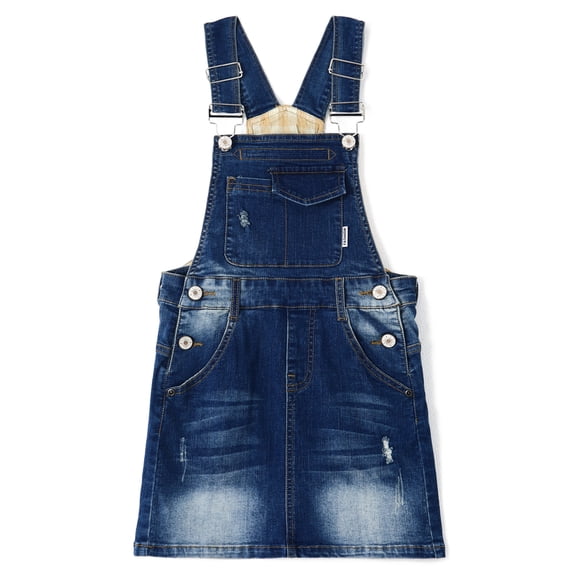 KIDSCOOL SPACE Baby Little Girls Skirt,Ripped Soft Strechy Denim Girls Summer Overalls Dress,Deep Blue,12-18 Months