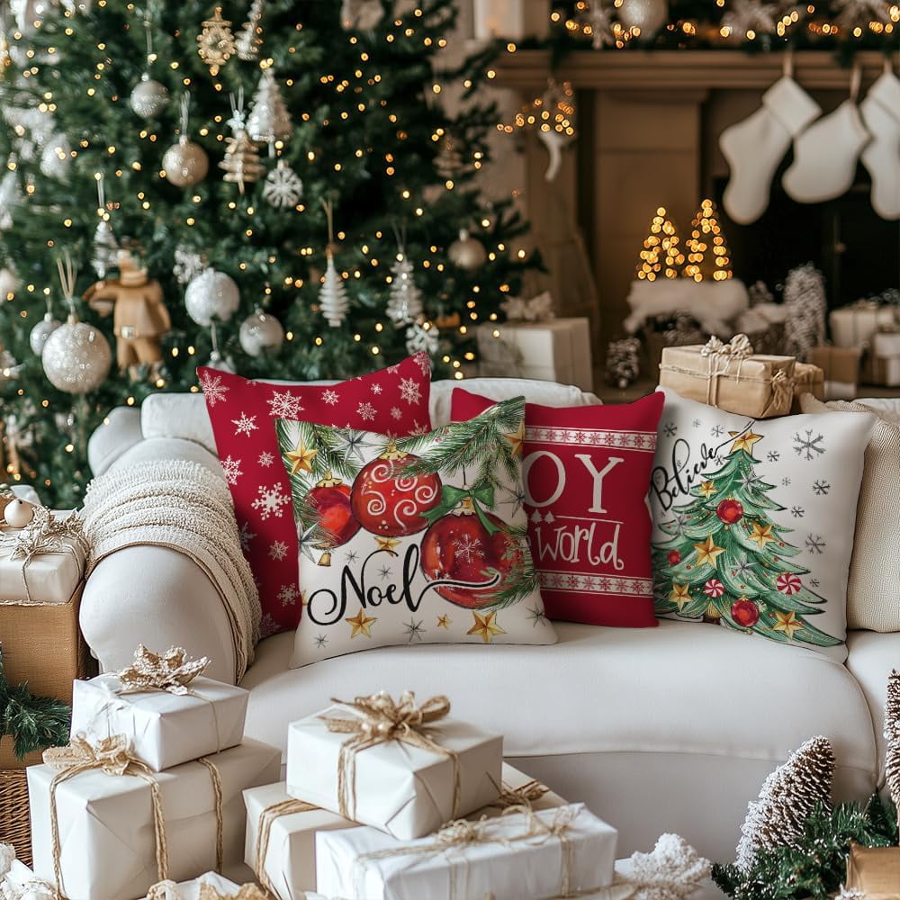 Christmas Throw Pillow Covers 20x20 Inch Set of 4, Xmas Tree Balls Merry and Bright Joy to The World Red Winter Holiday Farmhouse Decorative Cushion Cases for Home Decoration G631-20