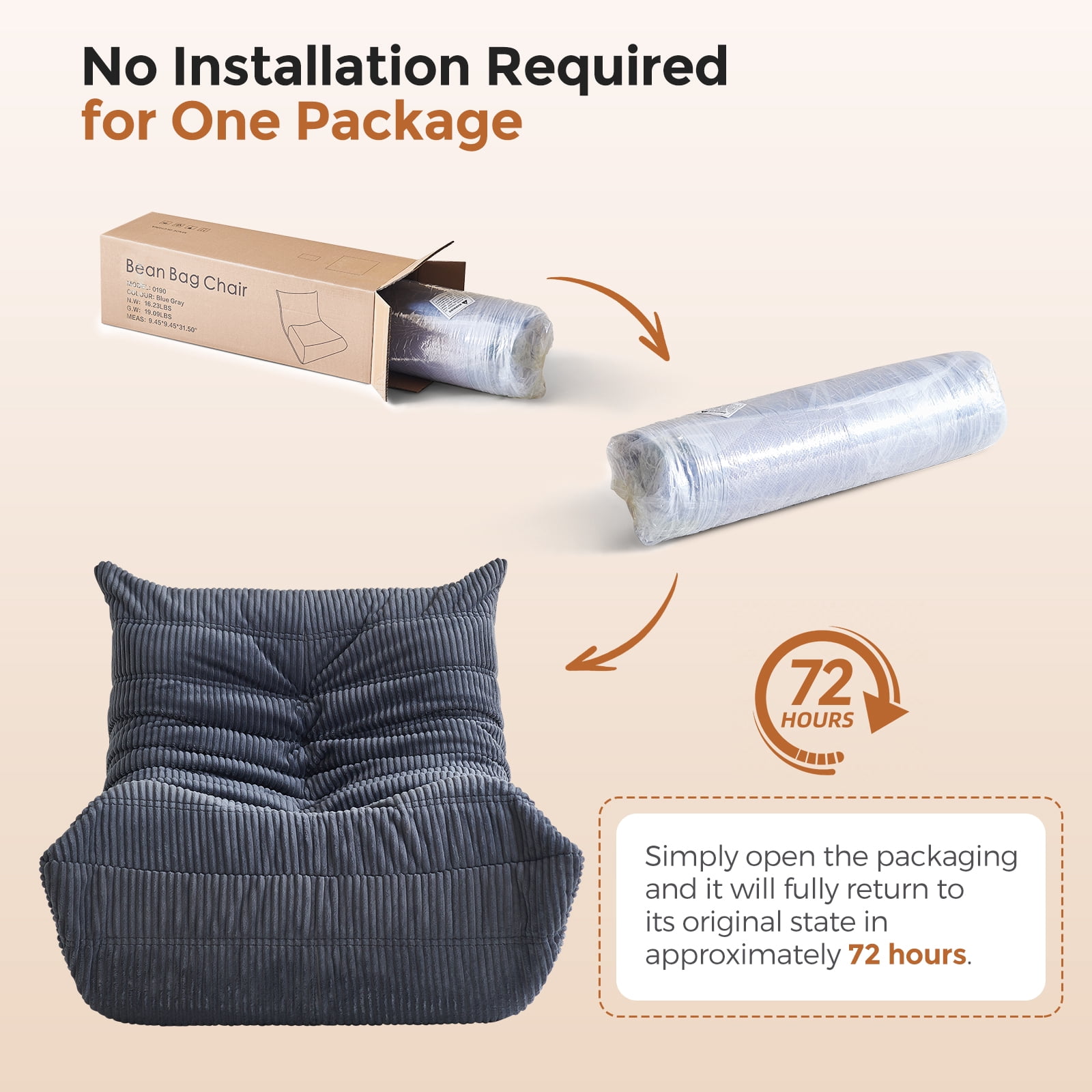 GOLUCKY Large Bean Bag Sofa for Adults, Memory Foam BeanBag Chair, orduroy Boneless Chair, Lazy Floor Sofa for Reading Gaming Living Room Bedroom, Gray