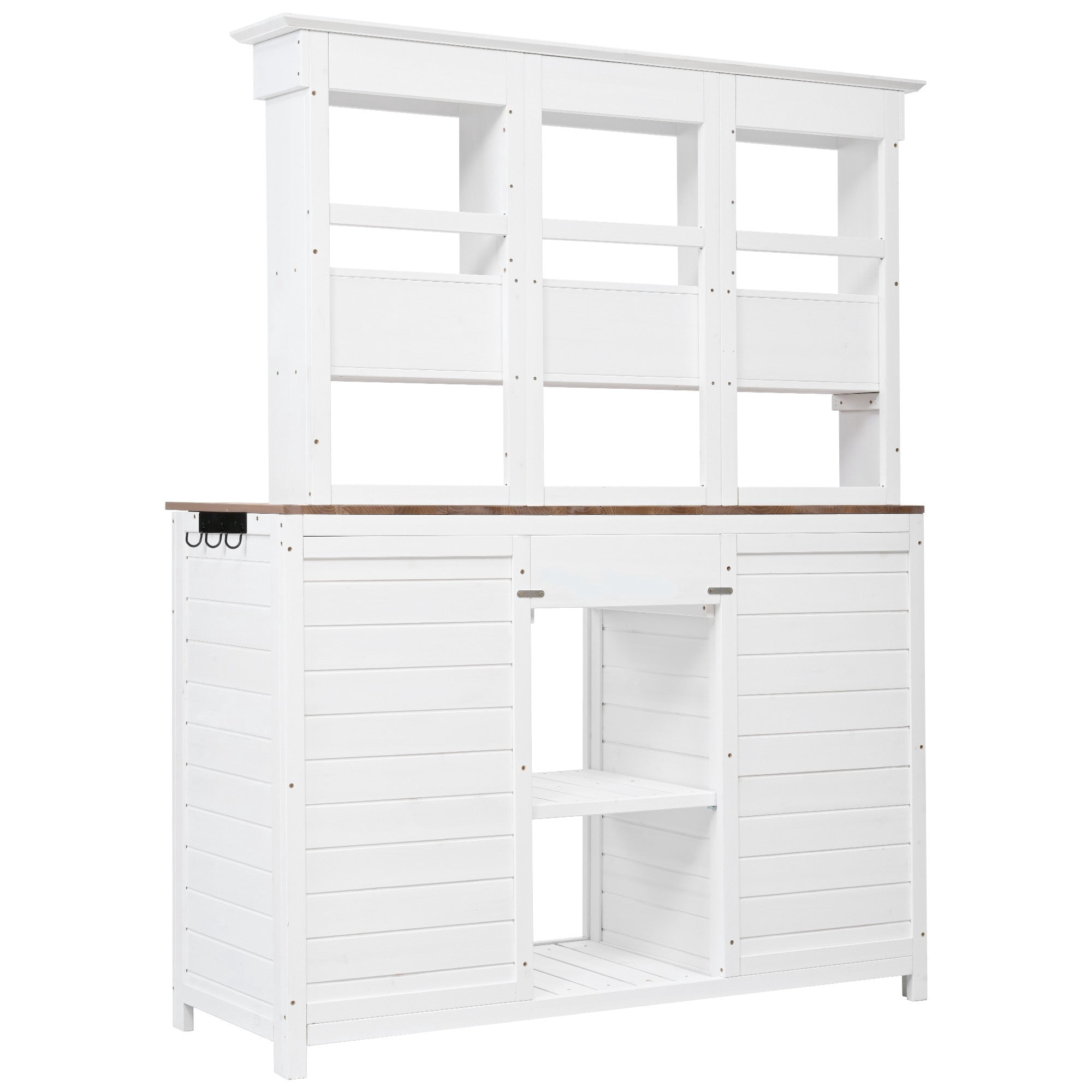 Sailvan 66" Wood Potting Bench Table with Hutch,Outdoor Kitchen Island Garden Workstation with 6 Drawers,2 Cabinets & Side Hooks White