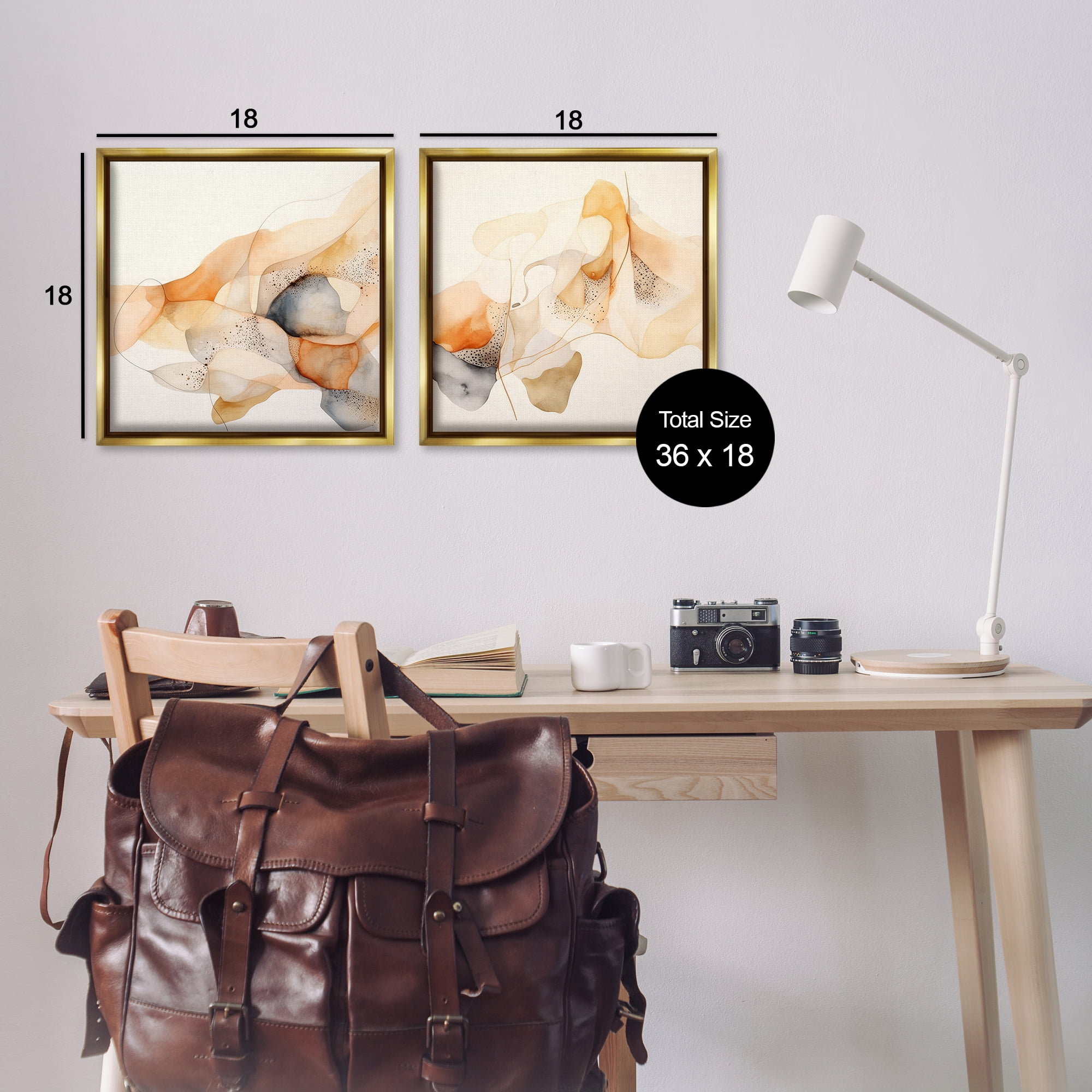 Stupell Industries Abstract Peach Watercolor Shapes Abstract Painting Gold Floater Framed Canvas Art Print Wall Art, 18 x 18, Set of 2