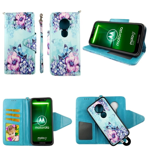 Fiower Blue Case for Moto G7 Play Revvlry Case, Motorola G7 Optimo Magnetic Detachable Pu Leather Wallet Cover Flap Closure Cases Card Holders Wrist Strap 2 in 1 Folio Flip Covers
