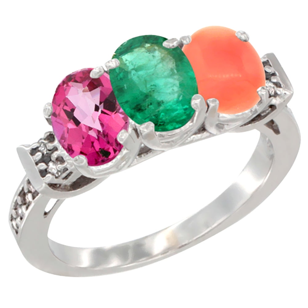 14K White Gold Natural Pink Topaz, Emerald & Coral Ring 3-Stone Oval 7x5 mm Diamond Accent, sizes 5 10 by WorldJewels