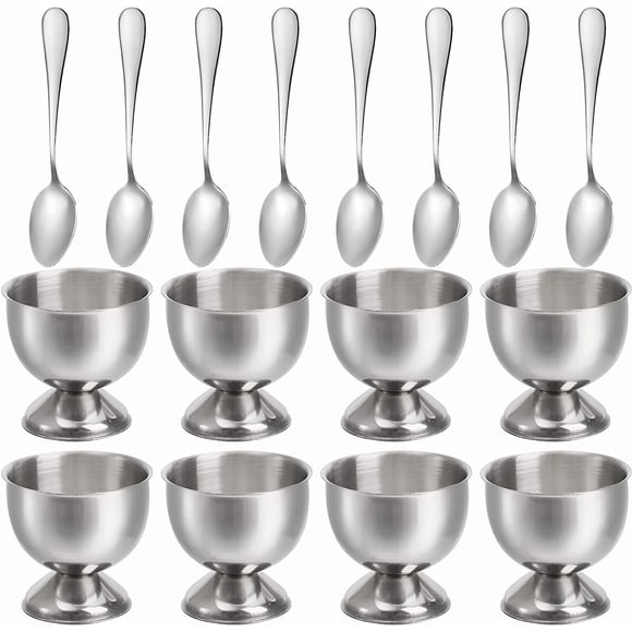 GFDYREE 8 Pack Egg Cup Holders with 8 Spoons, Stainless Steel Egg Cups Set for Soft & Hard Boiled Eggs, Kitchen Tools, Breakfast