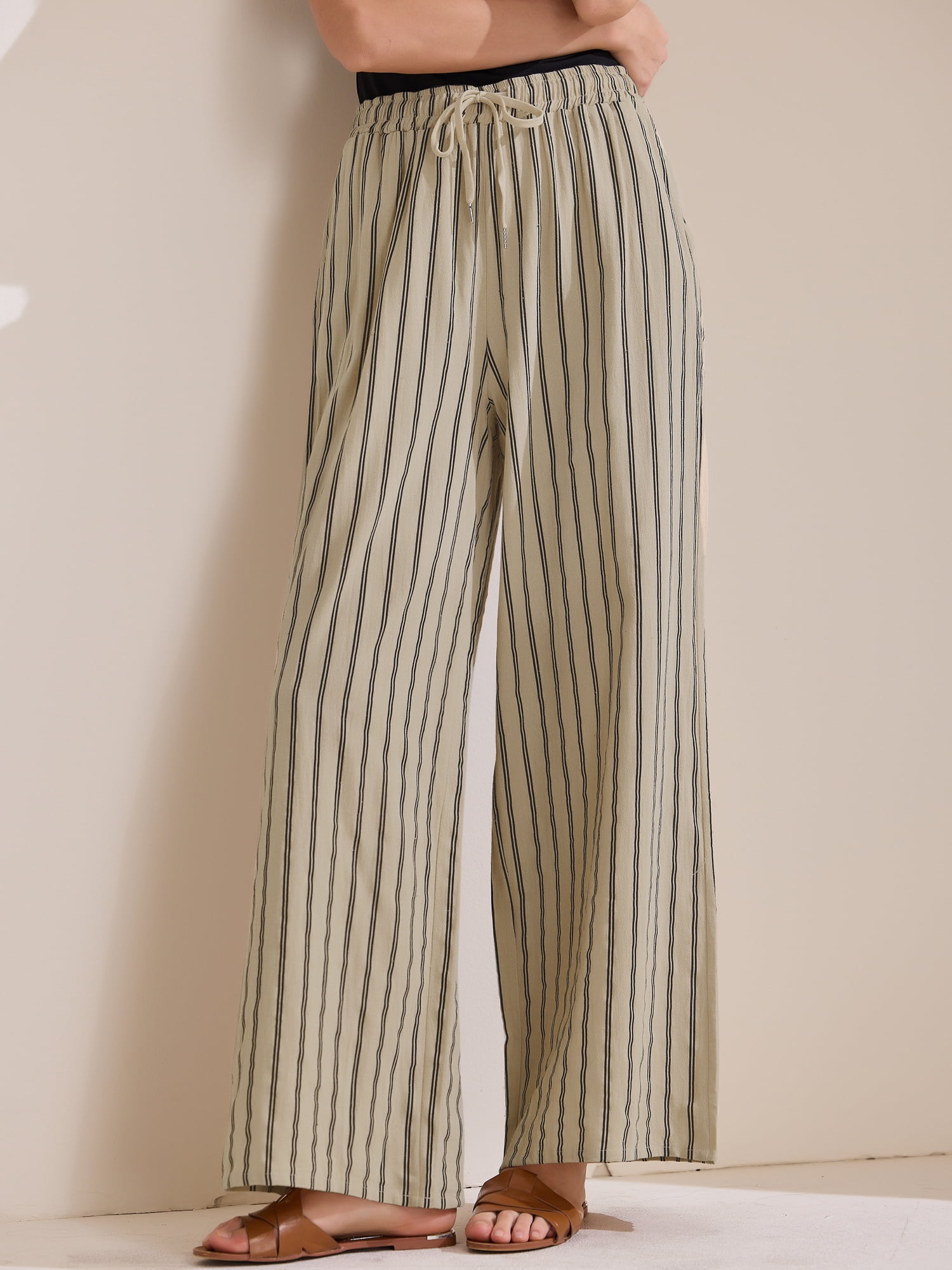 DARING DIVA Women's Stripe Casual Drawstring Wide Leg High Waist Pants M Camel