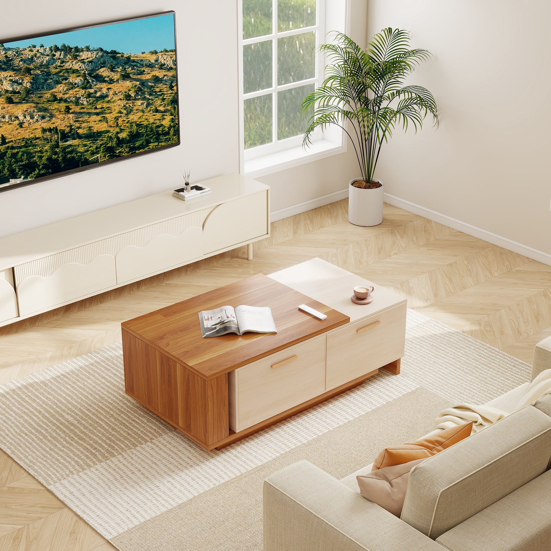 Expandable Coffee Table with Storage, 42''-65'' Two-Tone Wood Coffee Table with 2 Drawers for Living room