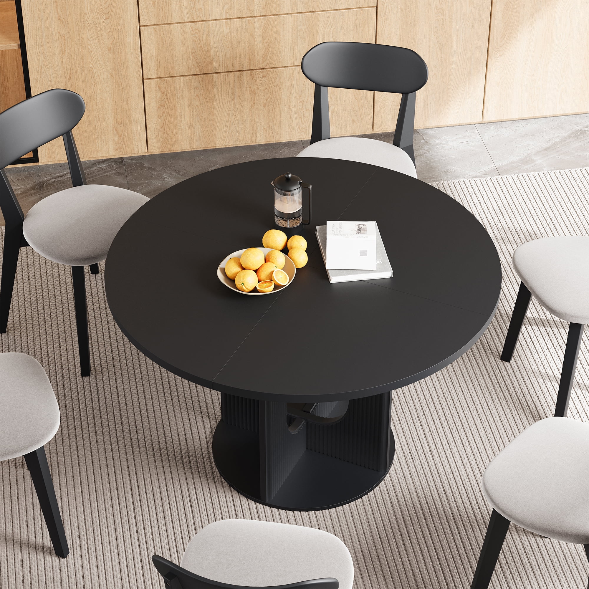 PHOYAL 47 inch Round Dining Table, Circle Kitchen Table for 4-6, Large Wood Dinner Table, Wooden Fluted Pedestal Dinning Table for Dining Room, Mid Century Modern Style, Black