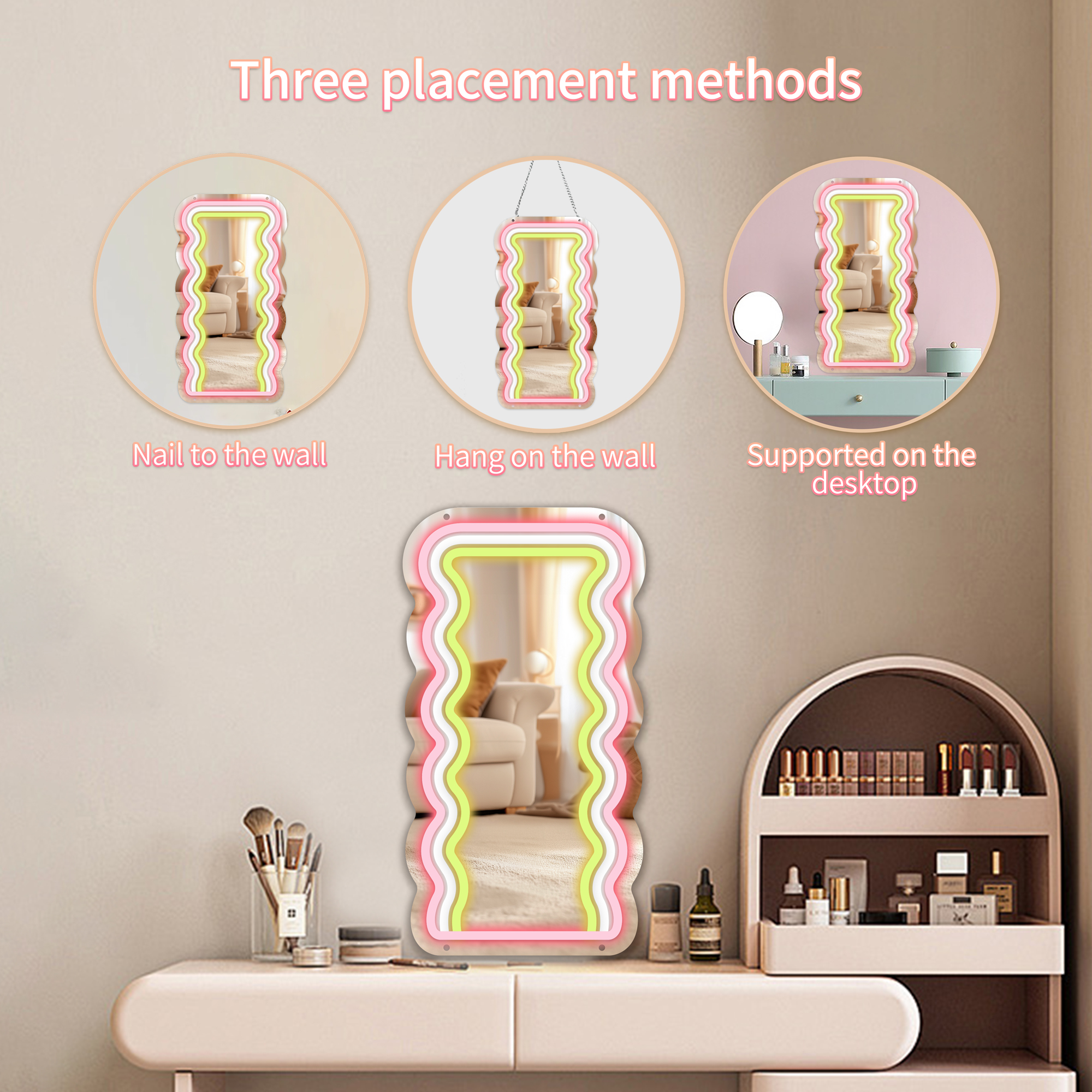 Anime Wave Mirror with Light Neon Signs for Wall Decor, Neon Mirror with Dimmable for Teen Girls Gift，Makeup Mirror Neon Signs Cute Acrylic Mirror for Girls Room