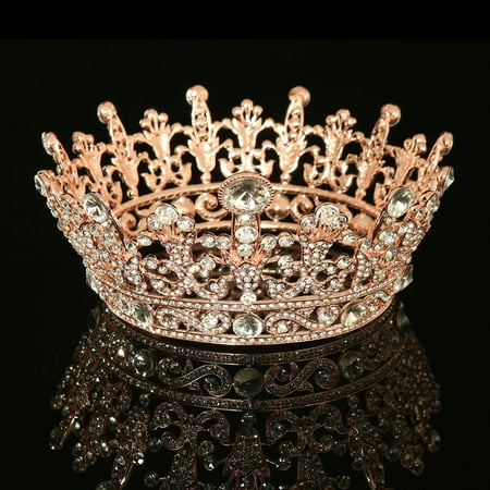Rose Gold Plated Clear Round Crystal Rhinestone Full Tiara Crown Headband Wedding Party