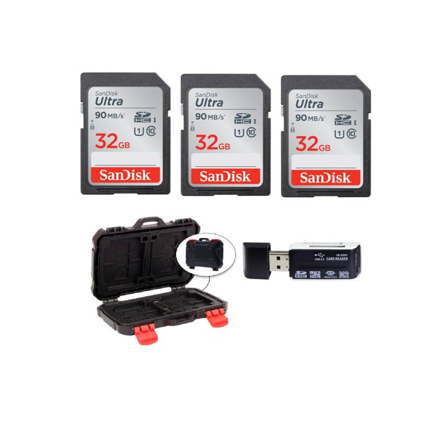 3 SanDisk 32GB Ultra SDHC UHSI Memory Cards + Case + Card Reader
