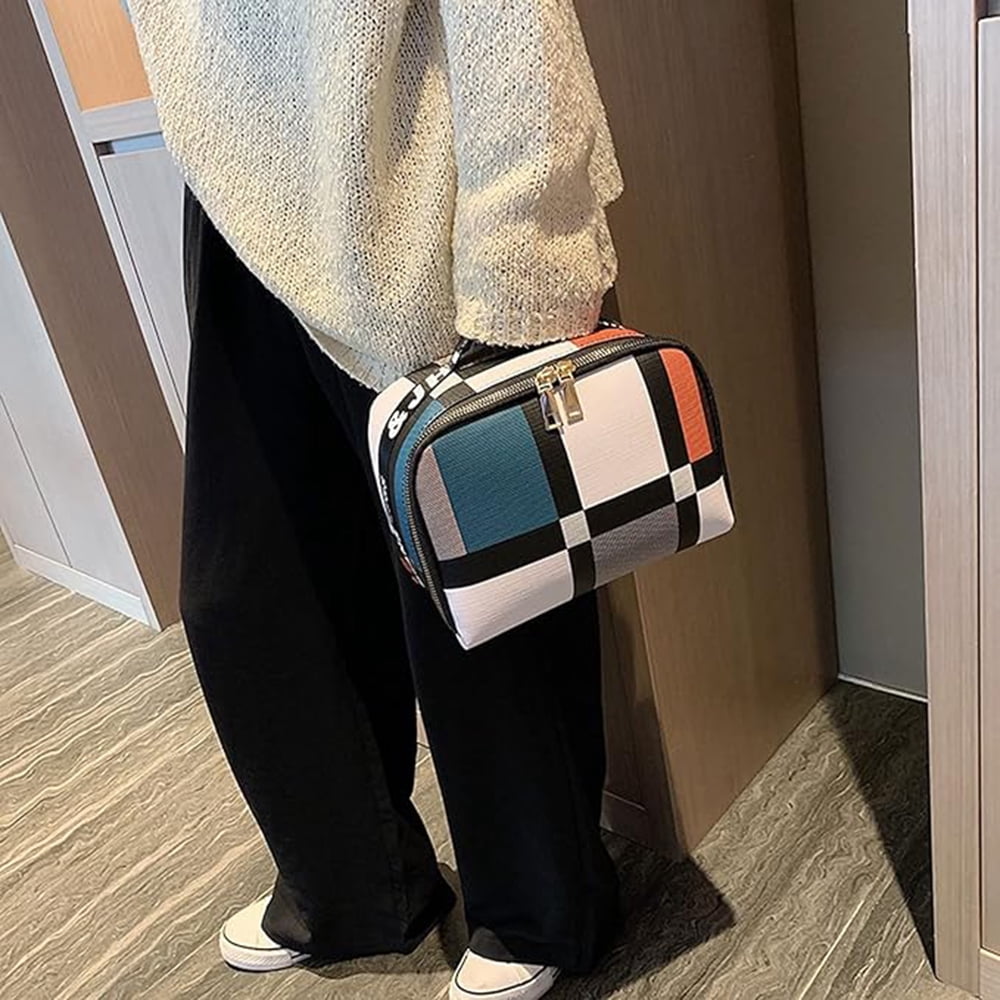 Grid Blocking Travel Toiletry Bag for Women,Portable Pouch Open Flat Makeup Organizer with Handle