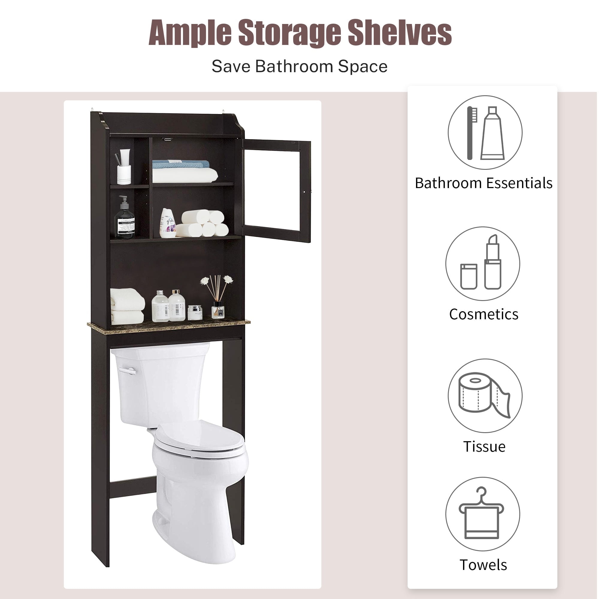 PAPROOS Over the Toilet Storage Cabinet, Bathroom Space Saver Organizer above Toilet with Adjustable Shelf and Door, Espresso