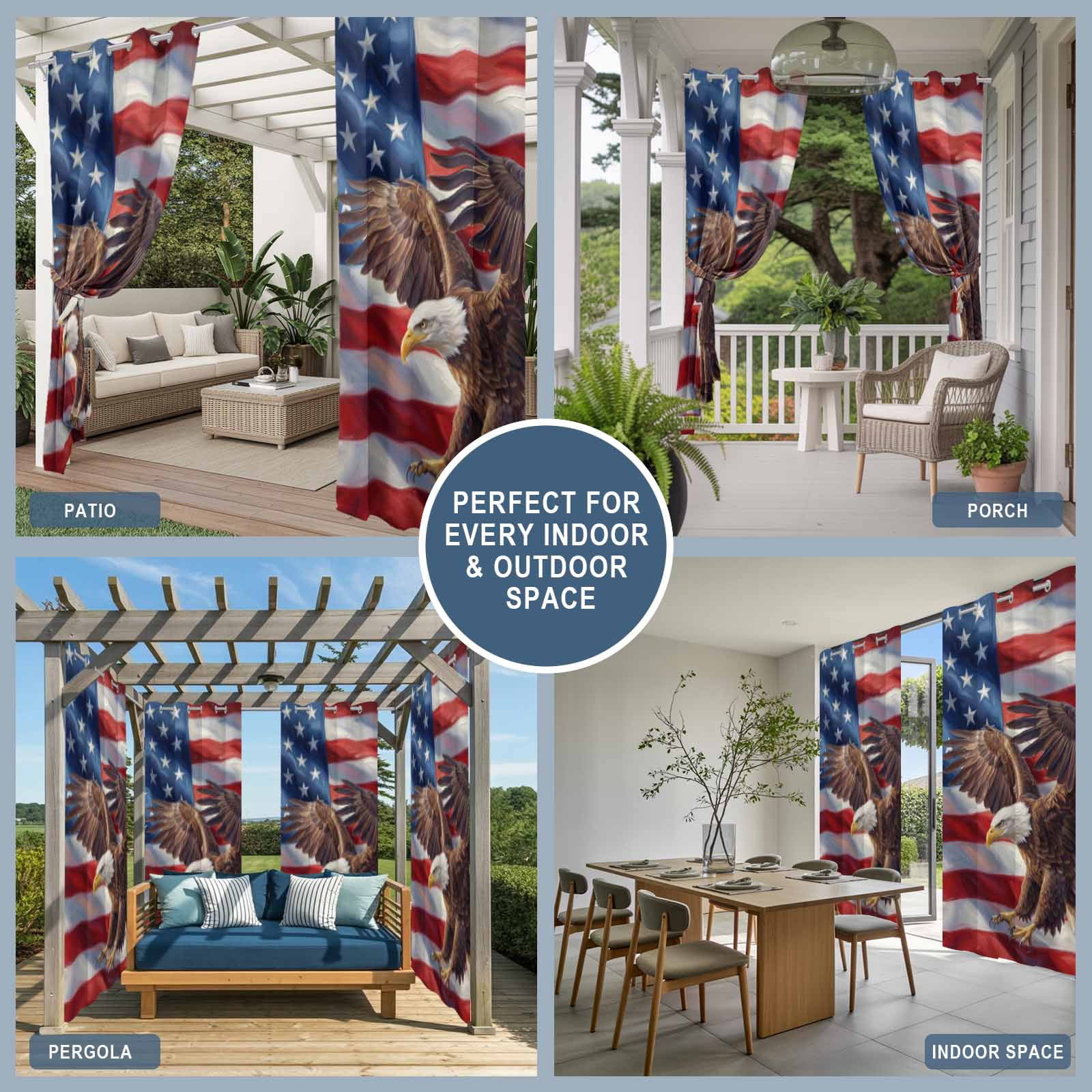 Independence Day Outdoor Curtains for Patio, Watercolor U. S. Flag Soaring Bald Eagle Sunshade Privacy Drapes Grommet Waterproof Outside Curtains for Porch/Cabana/Balcony 54"x 108", 1 Panel