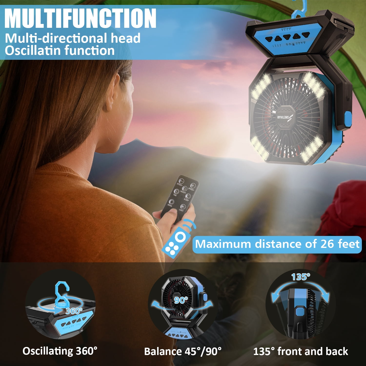 SHETINAR 20000mAh Rechargeable Fan Battery Powered Fan 4-Speed Tabletop Fan with Charging, Hooks, Timer, Portable Fan for Office,Bedroom,Outdoor,Power Outage,Hurricane,Travel.Blue