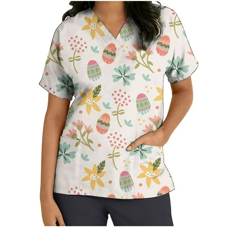 

SELONE Easter Scrub Top for Women Graphic Short Sleeve Bunny Gnomes Easter Eggs Printing with Pockets V Neck Workwear Casual Summer Cute Spring Trendy Comfortable Fashion Pullover Womens Tops Beige S