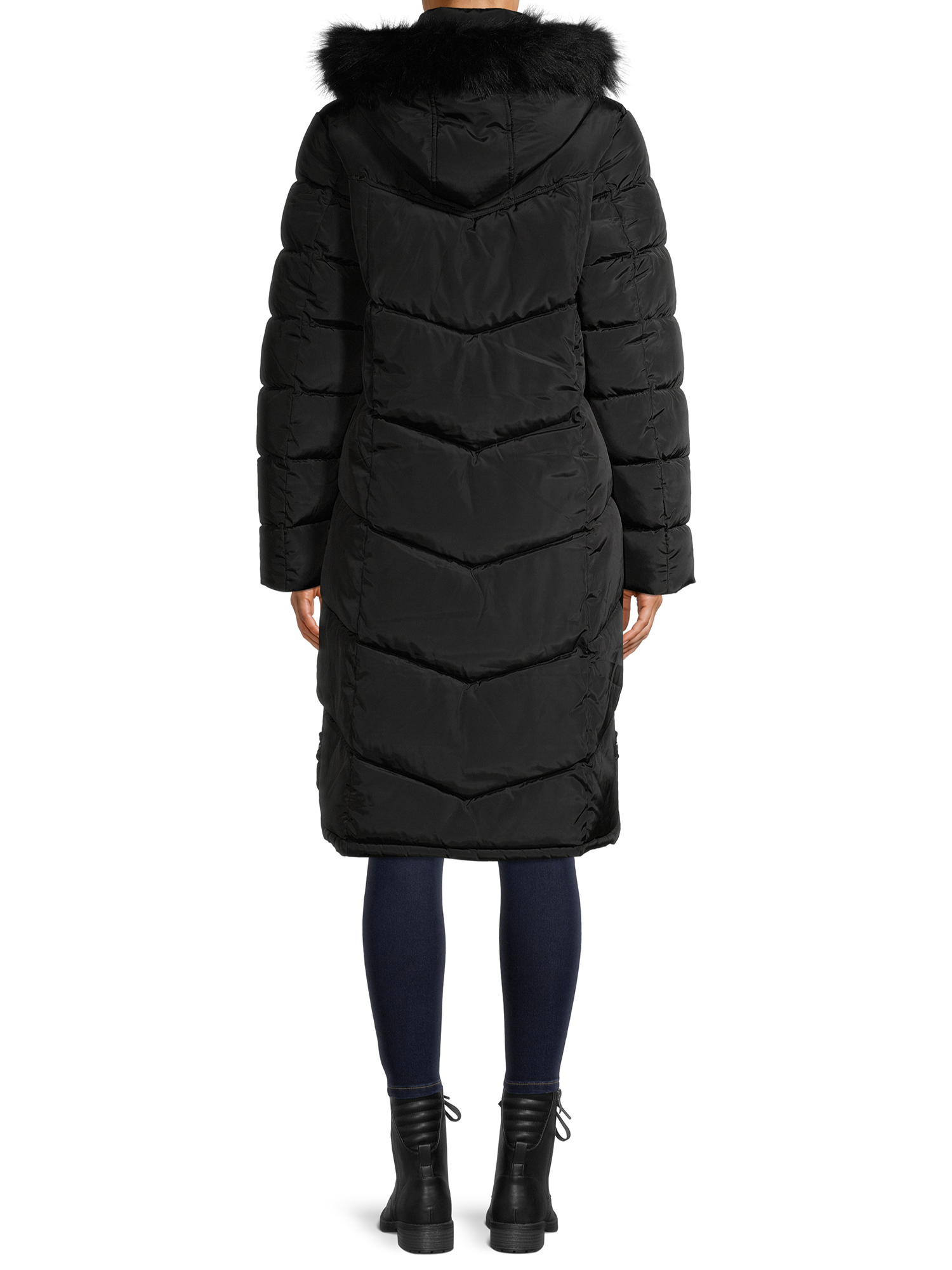 Big Chill Women's Maxi Chevron Puffer Coat with Faux Fur Trim Hood - image 5 of 6