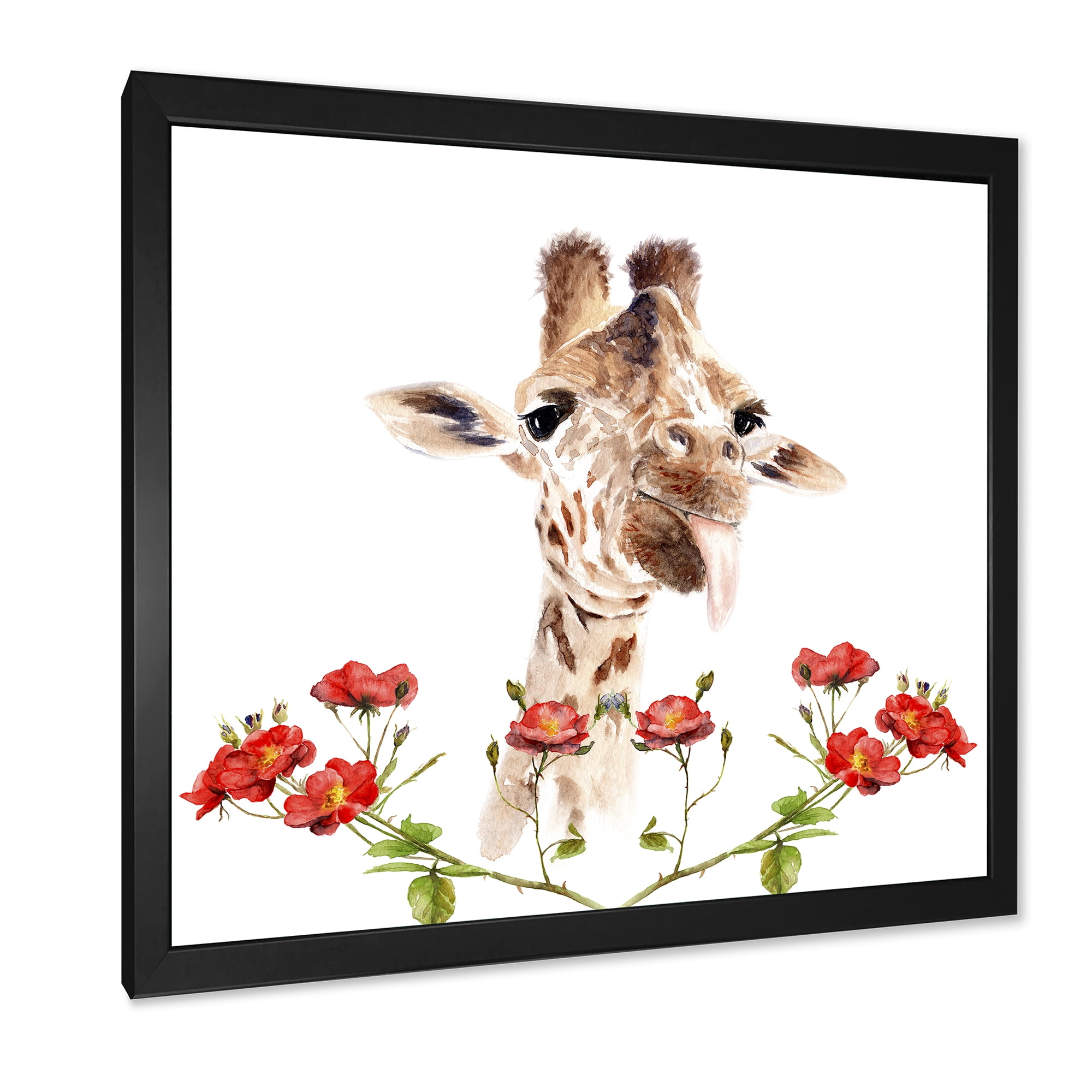 Designart 'Portrait of A Giraffe With Red Flowers I' Farmhouse Framed Art Print