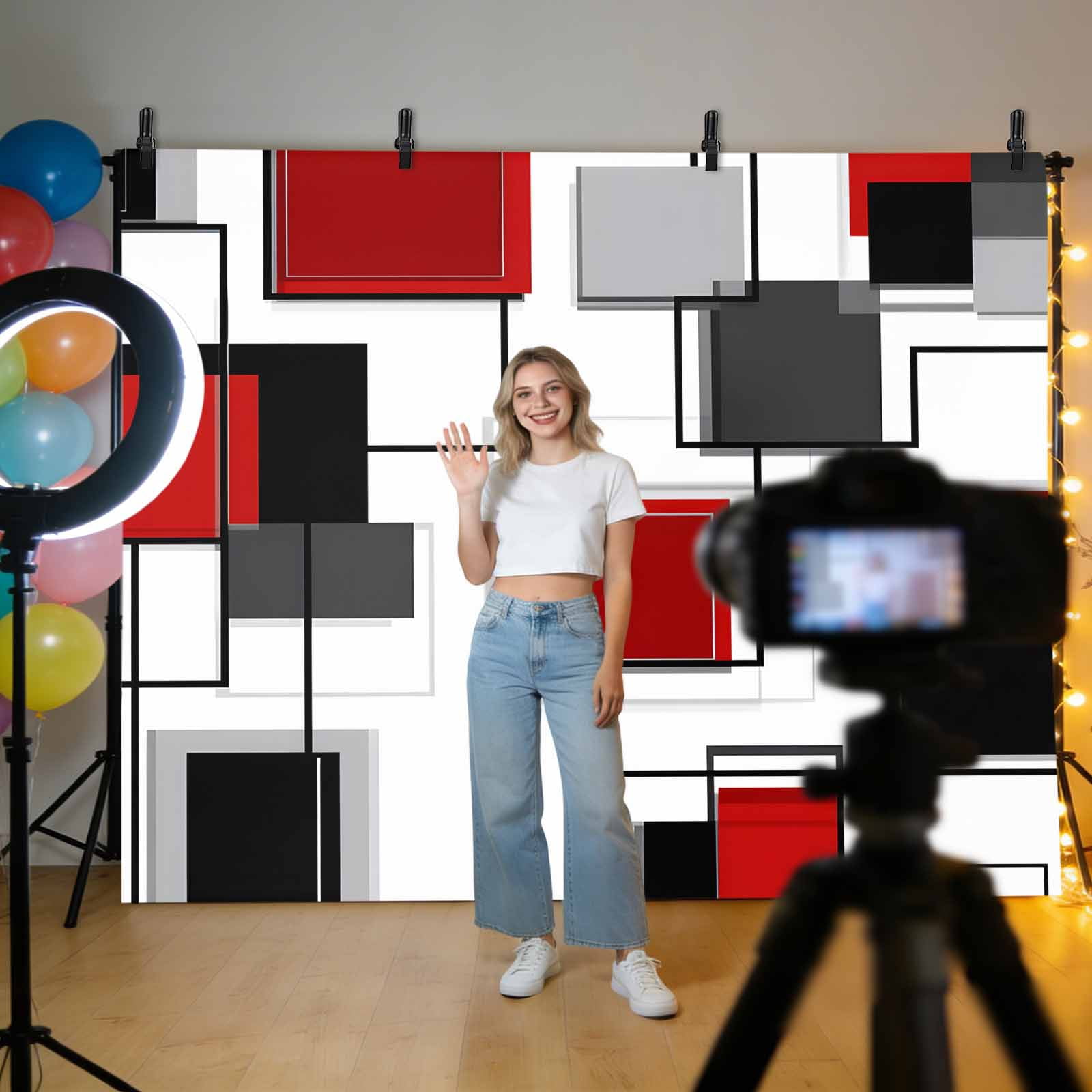 Space Design Sense Backdrop for Photography, Abstract Black Red Stitching Suqare Photo Backdrop Portrait Background Party Banner Photo Backgrounds for Studio Booth Props, 7x5ft