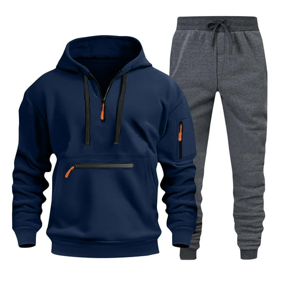 Fengqque Men's Winter Fleece Multi Pocket Zipper Sweatshirt 2 Piece Set Personalized Sweatpants Casual Sweatsuits Hoodie Navy 4(S)