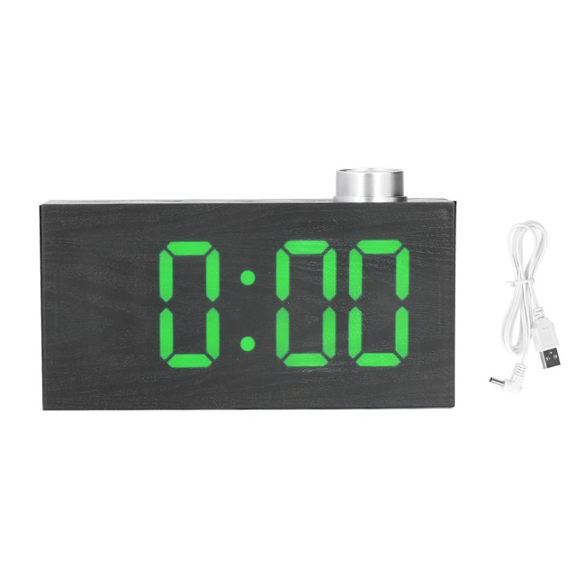 Reloj despertador digital LED de escritorio con USB, termómetro electrónico con imitación de madera, color verde