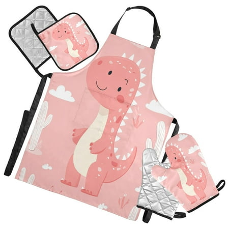 

5-Piece Kitchen Apron Set with Heat-Resistant Gloves & Insulation Mats for Cooking Baking BBQ Cute Pink Dinosaur Pattern