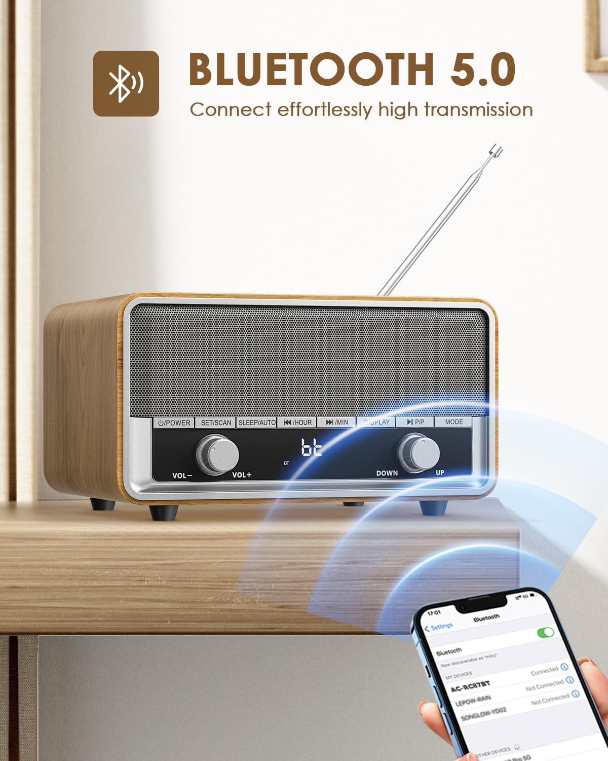 Retro AM FM Radio Plug in Wall, Digital Clock Radio for Bedroom with LCD Display| 40 Presets | Sleep Timer | No Alarm, Retro Bluetooth Speaker for Office,Great Gift Wood