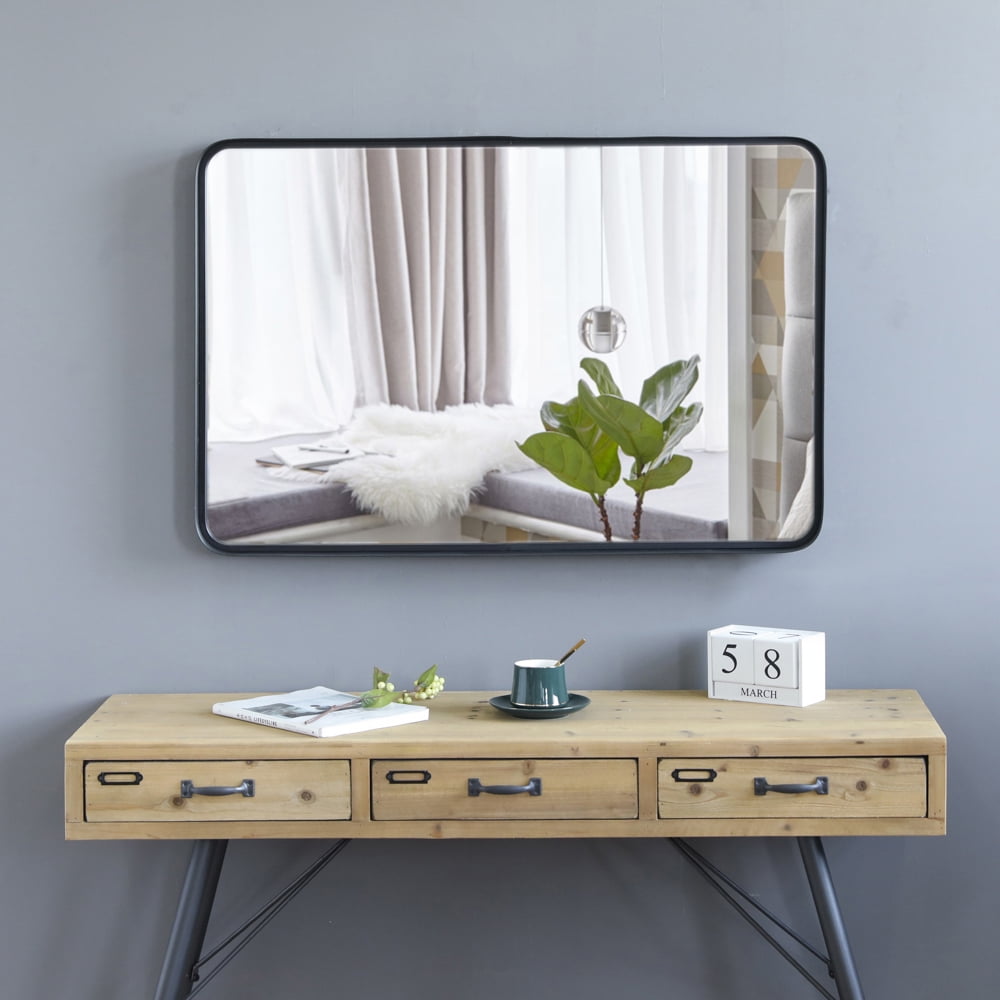 Private Jungle Artisasset 35.8 Inch High Black Rectangular Thin Frame Indoor Wrought Iron Wall-Mounted Flat Mirror Private Jungle Artisasset 35.8 Inch High Black Rectangular Thin Frame Indoor Wrought Iron Wall-Mounted Flat Mirror