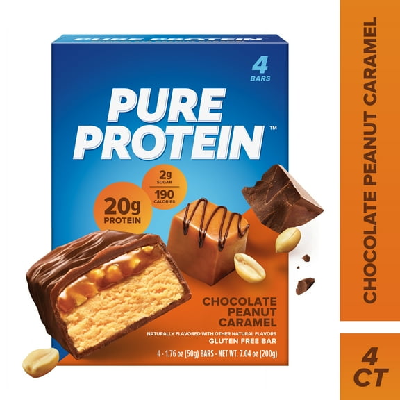 Pure Protein Bars, Chocolate Peanut Caramel, 20g Protein, Gluten Free, 1.76 oz, 4 Count